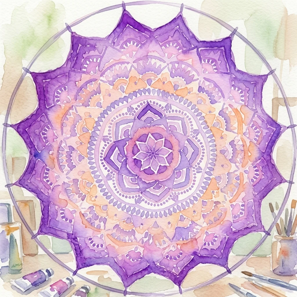 A watercolor illustration of a purple and orange mandala with intricate geometric patterns, displayed on a circular frame in an art studio setting with paintbrushes and tubes.