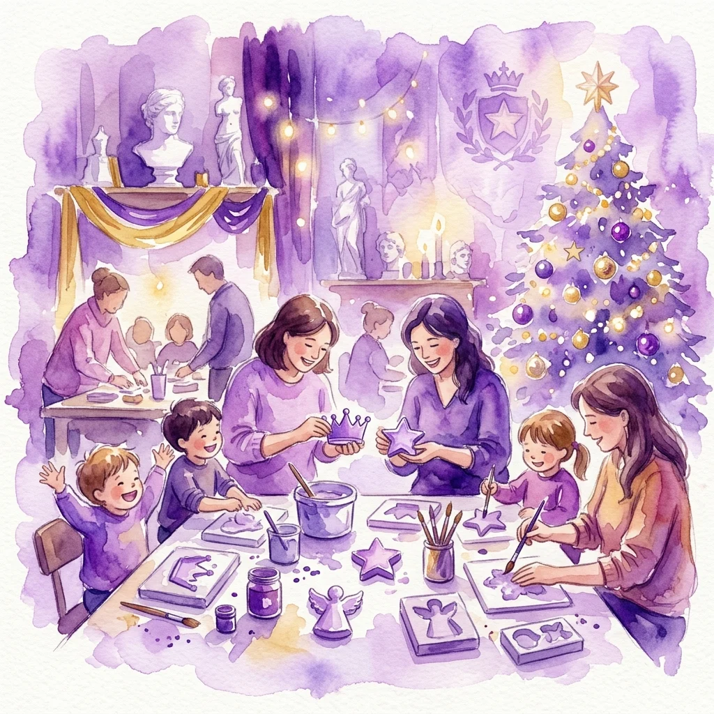 A watercolor illustration of a family workshop where children and adults create plaster casts with Christmas motifs, inspired by royal art and decorations at the Royal Łazienki Museum.