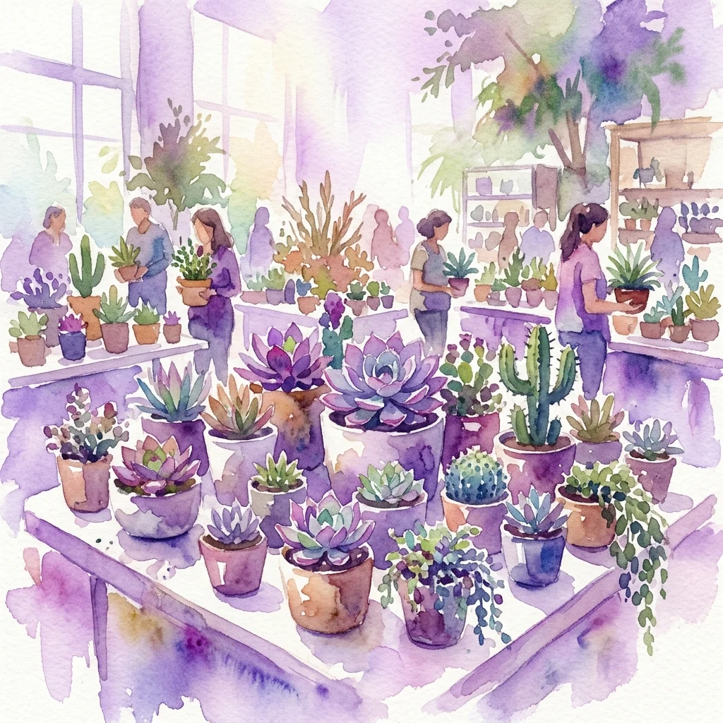 Een aquarelillustratie van een plantenruilevenement met diverse succulente planten en cactussen in potten, waarbij mensen rondkijken en interactie hebben in een lichte binnenruimte.