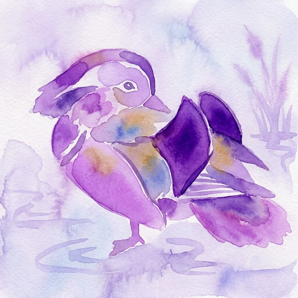 Pintura vibrante de acuarela de un pato mandarín de perfil, representada en tonos púrpuras y azules con sutiles elementos de fondo natural.