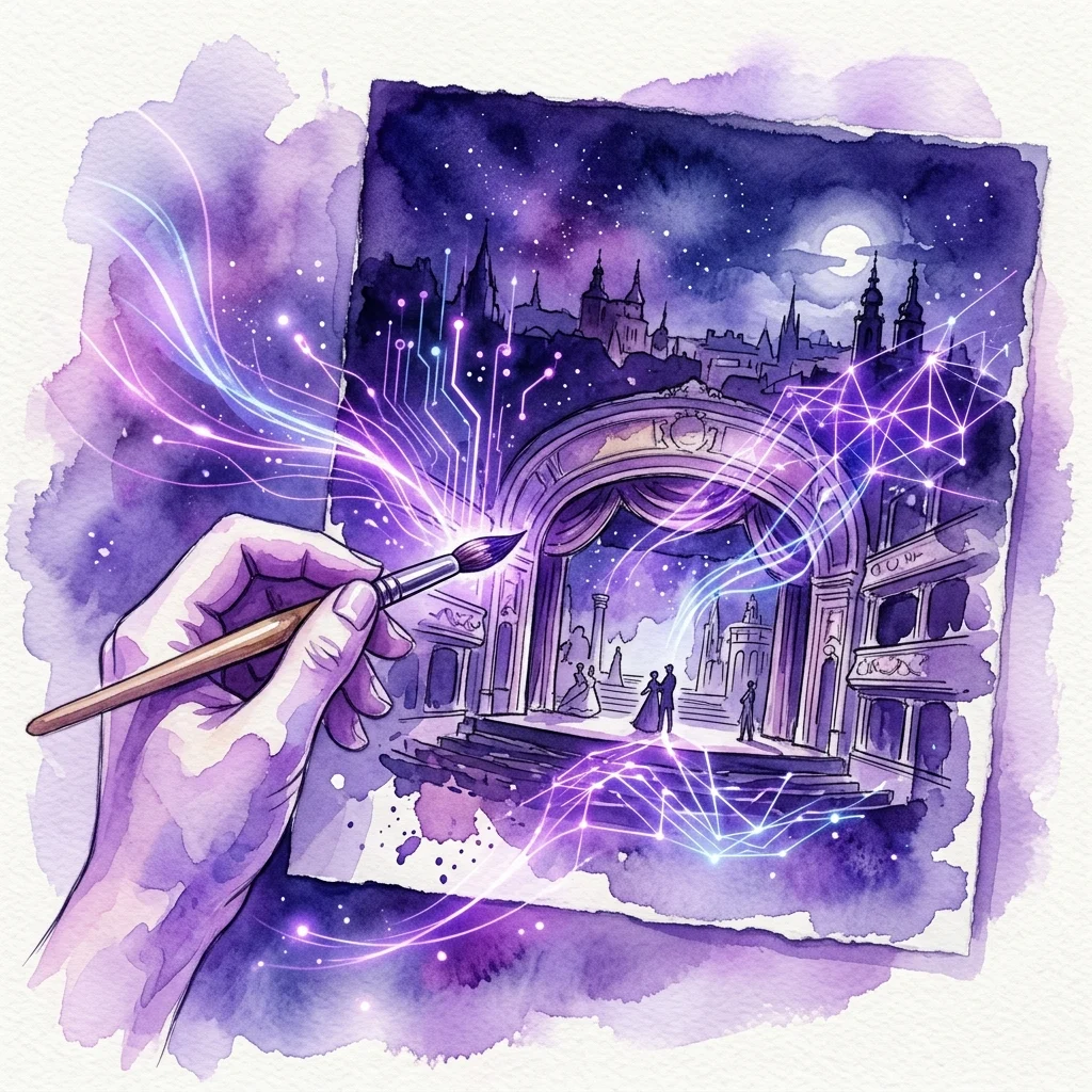 Una mano que sostiene un pincel crea un dibujo en acuarela de un escenario teatral bajo un cielo estrellado, con patrones digitales brillantes que realzan la obra de arte al estilo de los pasteles de Stanisław Wyspiański.