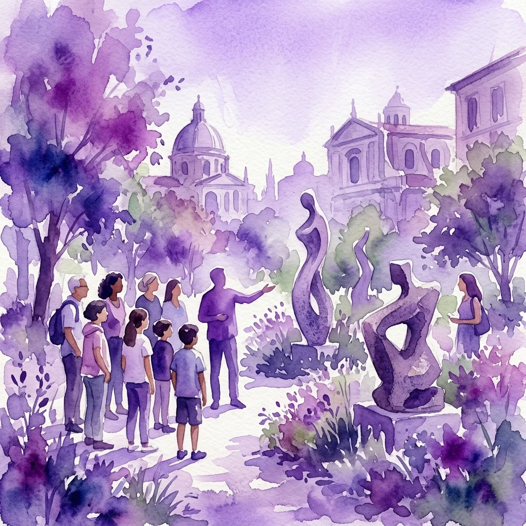 Un grupo de adultos y niños en una visita guiada en el Parque Łazienki, observando esculturas al aire libre en medio de exuberante vegetación y arquitectura histórica.