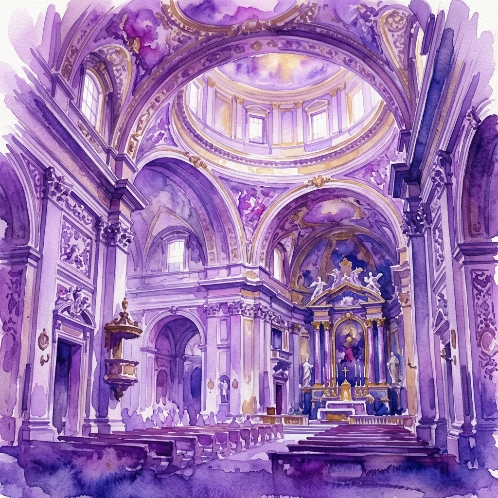 Akwarelowa wizualizacja wnętrza Kościoła Bernardynek na Czerniakowie, ukazująca jego barokową architekturę z ozdobnymi sklepieniami, złotymi akcentami i centralnym ołtarzem pod kopułą.