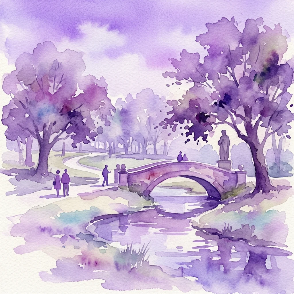 A watercolor illustration of a serene park scene with a stone bridge over a stream, mature trees, and people walking along a path, evoking a peaceful outdoor educational setting.