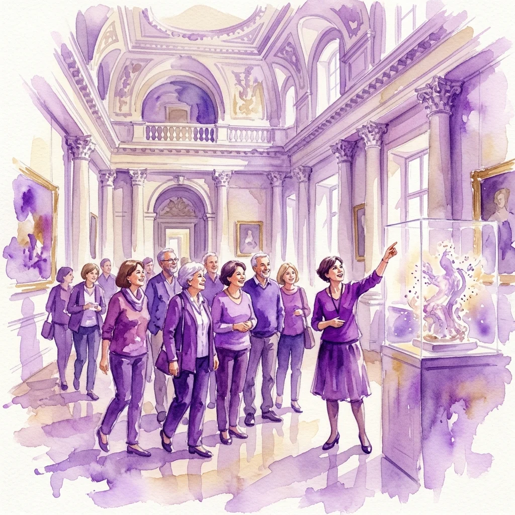 Un curador guía a un grupo de adultos a través de una galería de museo, señalando una exhibición en una vitrina, dentro de la elegante arquitectura histórica del Museo Real Łazienki.