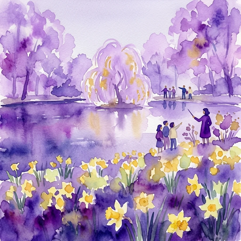 Teachers and children on an educational nature walk in Royal Łazienki Park, guided by experts among purple trees and yellow daffodils.