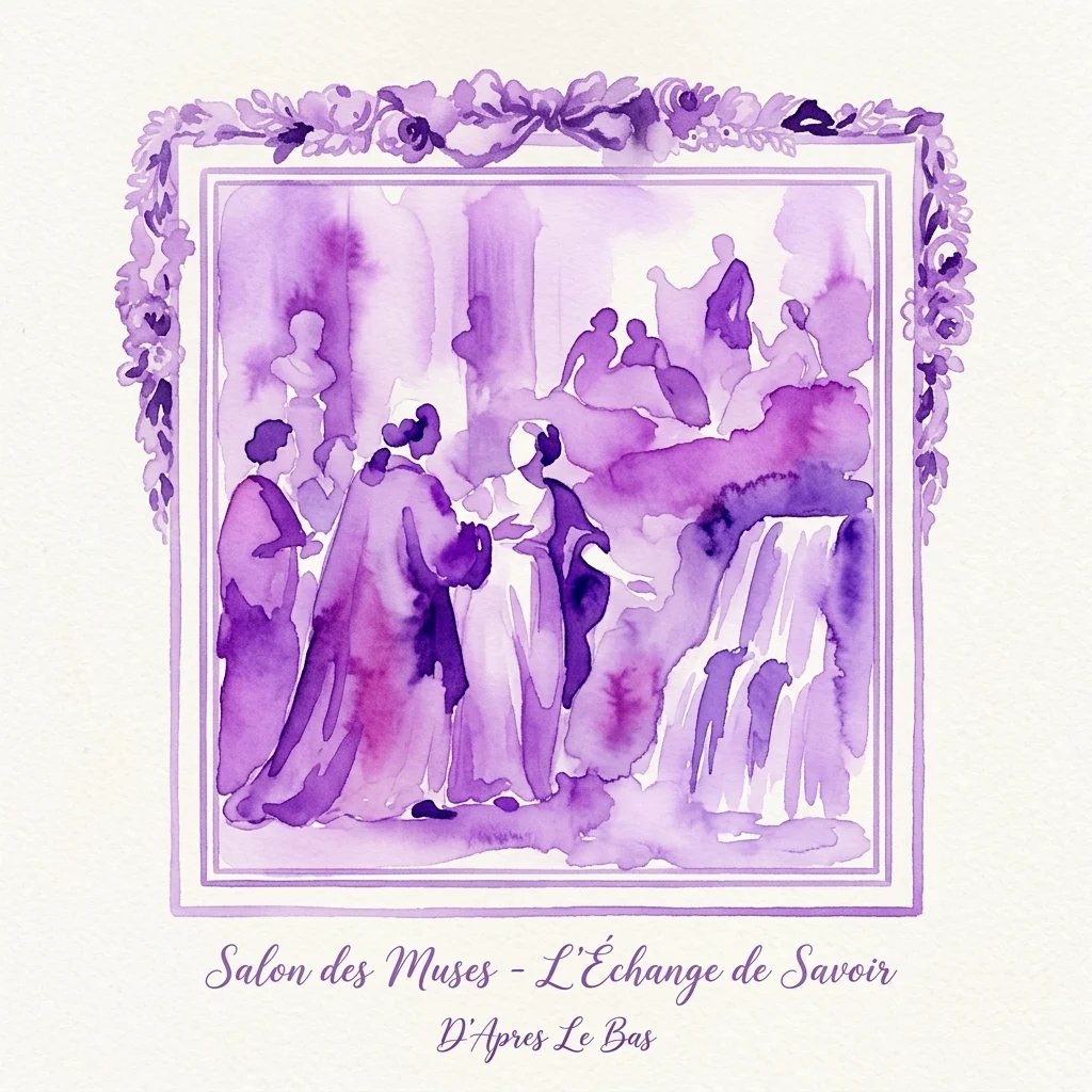 Purple watercolor illustration of scholars and teachers in 18th-century attire discussing in a classical salon setting, framed with floral motifs, promoting the Salon nauczycielski event at Royal Łazienki Park.