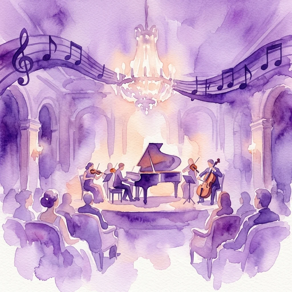 Ilustracja akwarelowa koncertu muzyki klasycznej w Sali Balowej Pałacu na Wyspie, przedstawiająca pianistę, skrzypka i wiolonczelistę występujących dla kameralnej publiczności pod żyrandolem.
