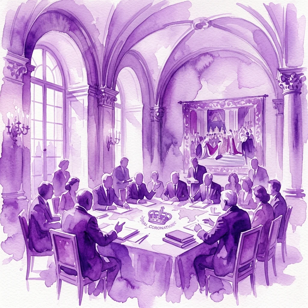 Akademicki seminarium w zabytkowej sali pałacowej, podczas którego uczeni omawiają badania nad koronacją królewską. Ilustracja akwarelowa przedstawia uczestników przy stole z emblematem korony, na tle łukowych okien i sceny koronacji.