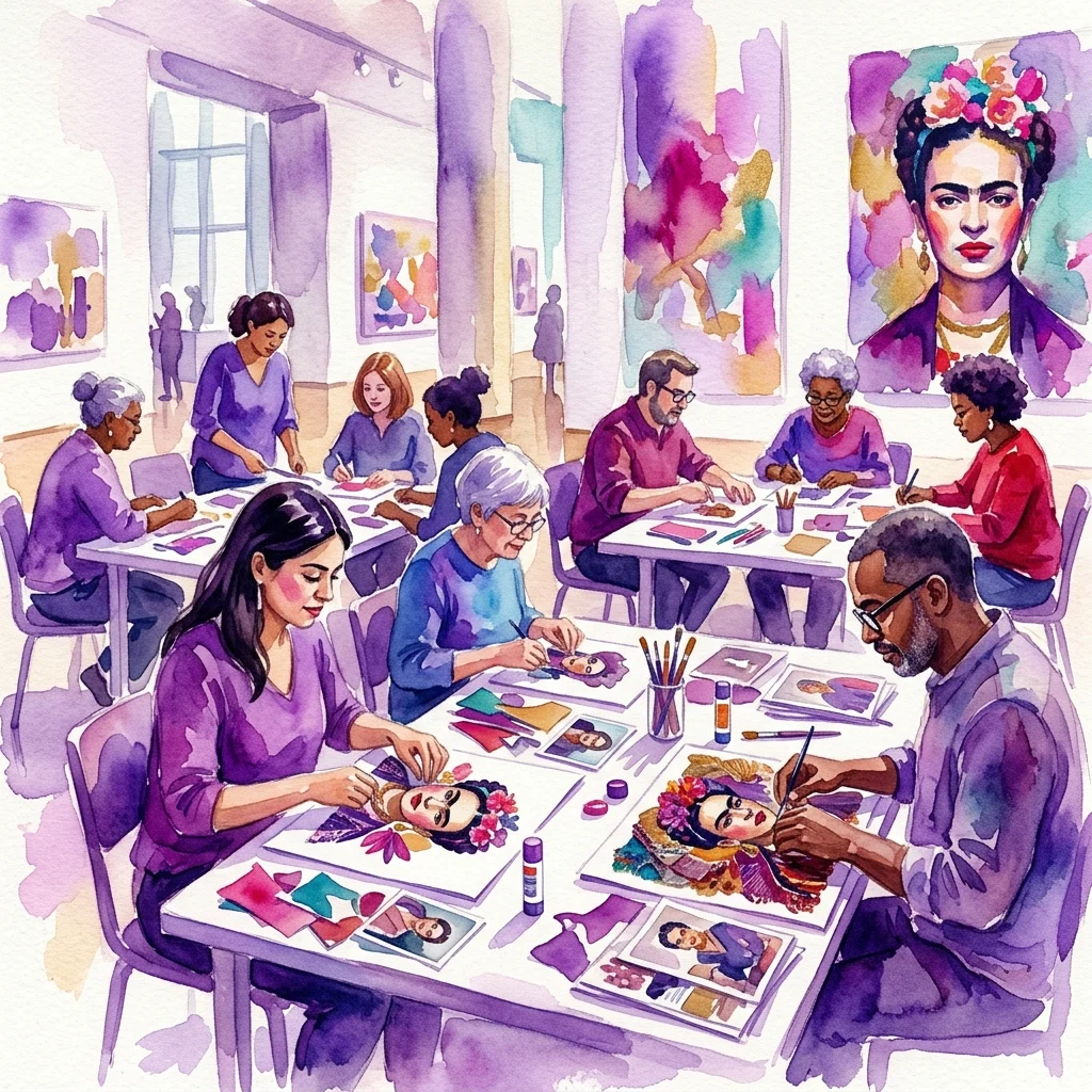 Una ilustración en acuarela de un taller de arte contemporáneo en una galería de museo, donde diversos participantes crean collages inspirados en Frida Kahlo, con su retrato en la pared y materiales de arte sobre las mesas.
