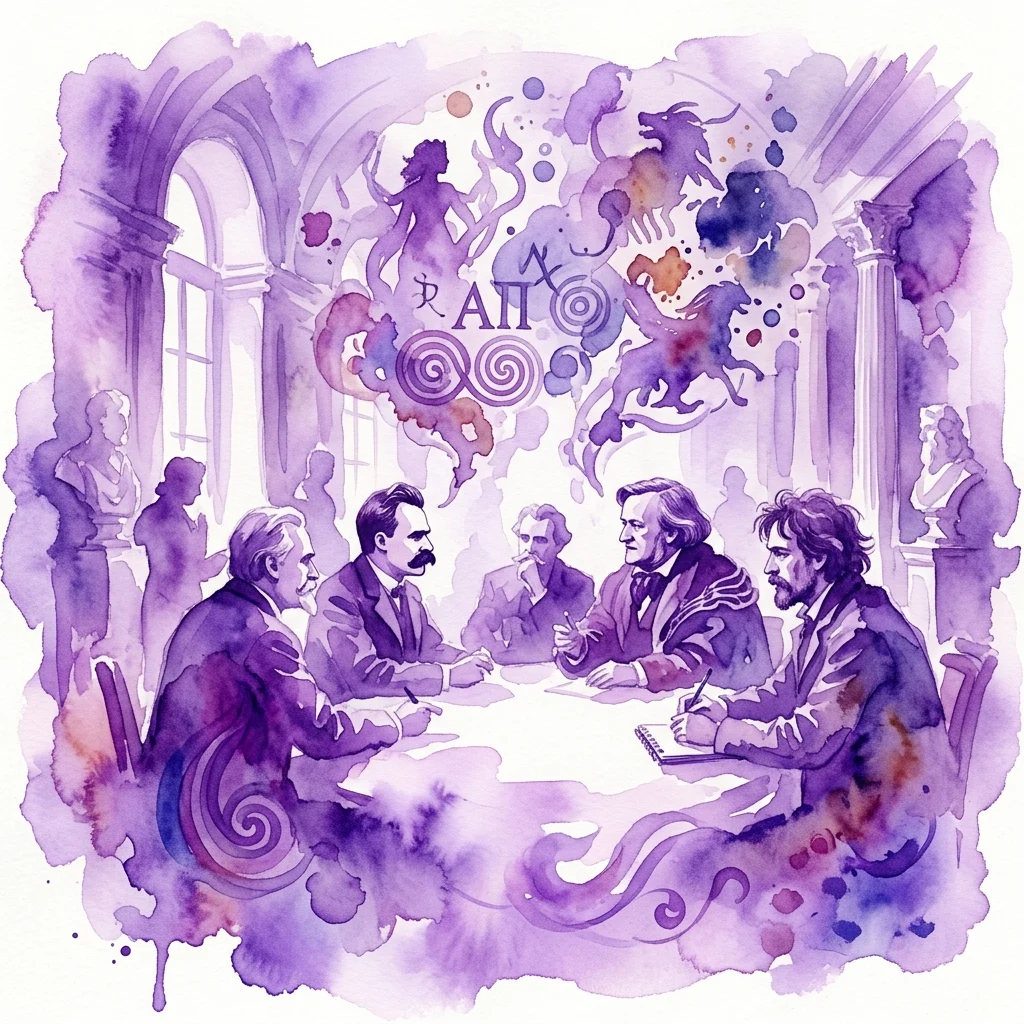 Ilustracja akwarelowa historycznego seminarium omawiającego mitologię w sztuce i filozofii, przedstawiająca postacie przypominające Nietzschego, Wagnera i Wyspiańskiego, z symbolicznym wizerunkiem mitologicznym w tle.