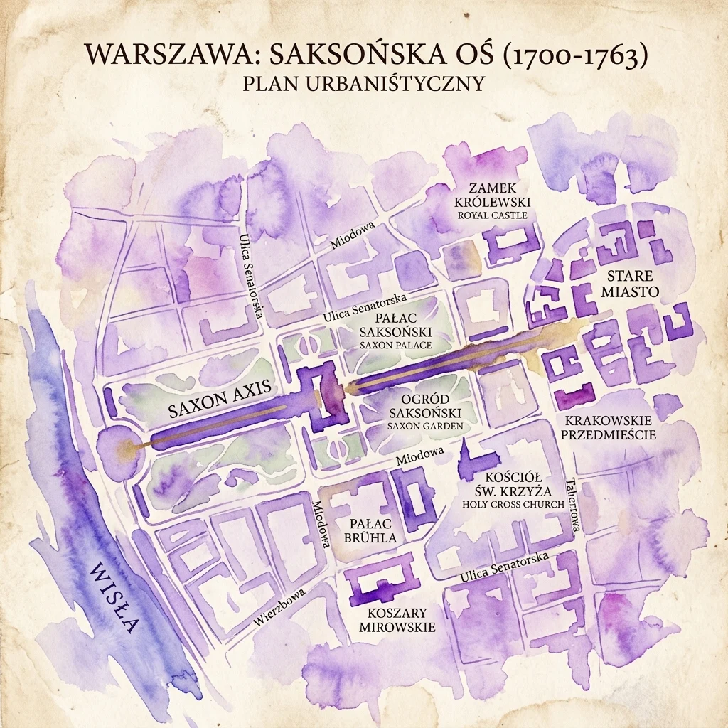 Historyczny akwarelowy plan Warszawy (1700-1763) ukazujący Oś Saską, Zamek Królewski, Pałac Saski i inne kluczowe zabytki z okresu saskiego.