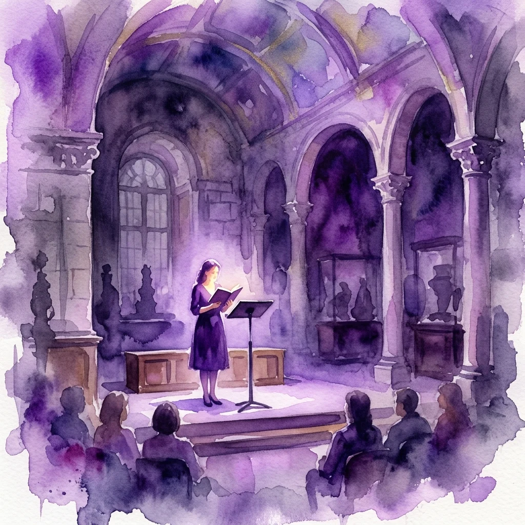 A watercolor illustration of a performer reading poetry from a book on a stage in a historic museum hall with arched ceilings and an audience watching.