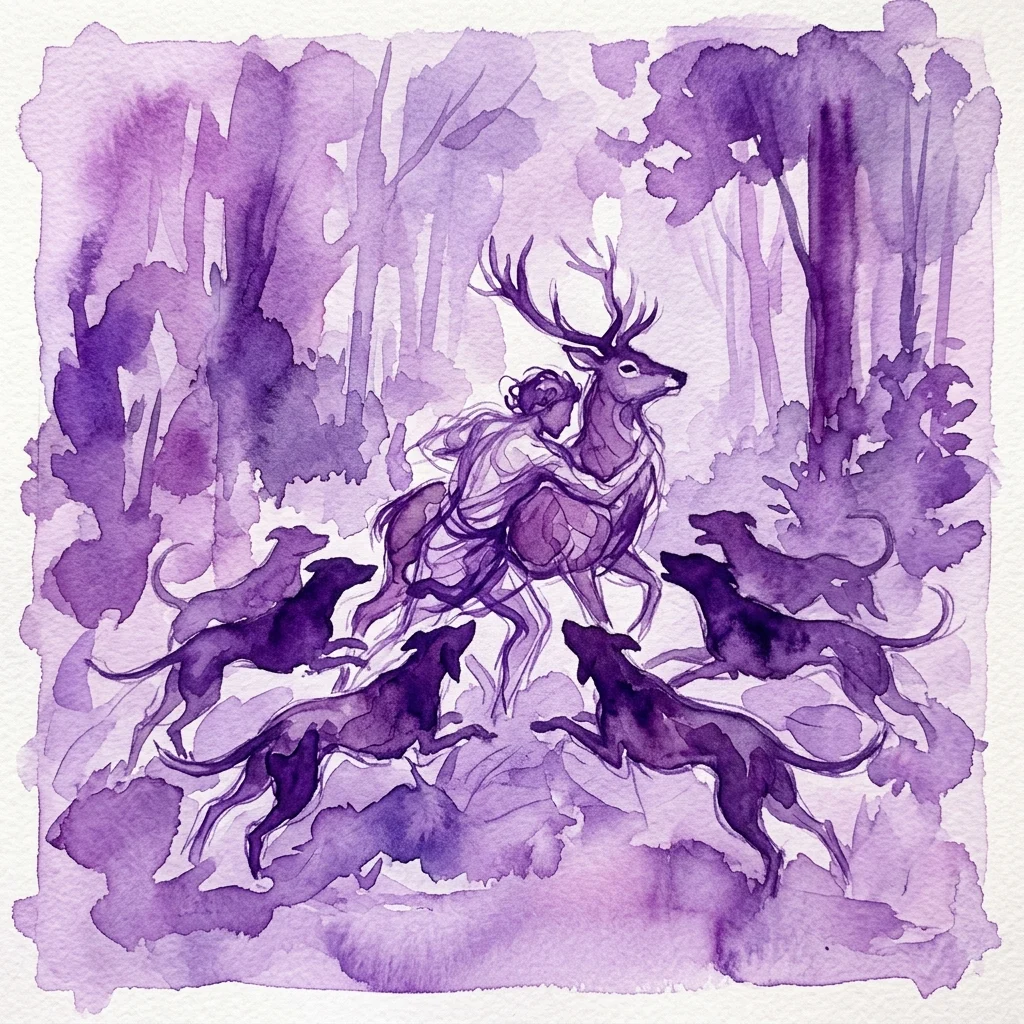 Fioletowa ilustracja akwarelowa przedstawiająca Akteona przemienionego w jelenia, atakowanego przez psy myśliwskie w lesie, ukazująca mitologiczną scenę jego śmierci.