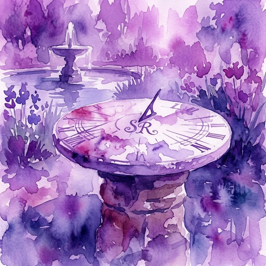 Una ilustración en acuarela del Reloj de Sol "Imieninowy", que presenta una esfera de mármol blanco con números romanos y un monograma SR, ambientada en un jardín con una fuente y un estanque al fondo.