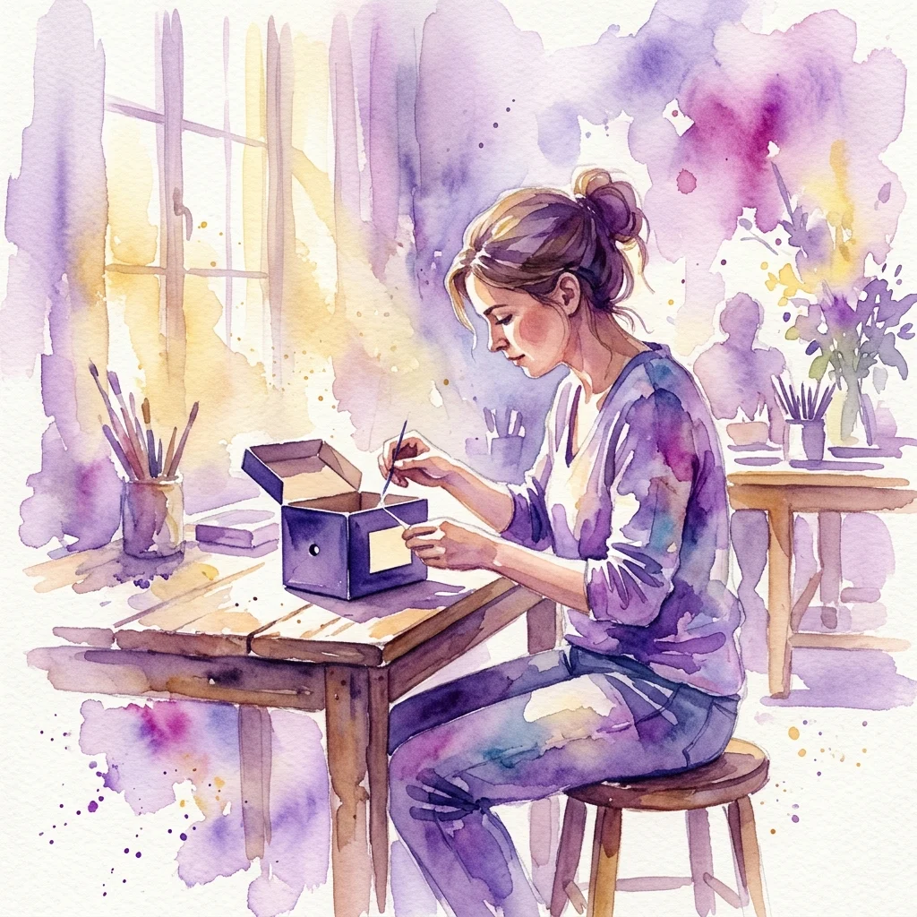 Una mujer en una ilustración estilo acuarela montando una cámara estenopeica a partir de una caja pequeña, demostrando la técnica de solarigrafía de capturar la luz solar con papel fotosensible.