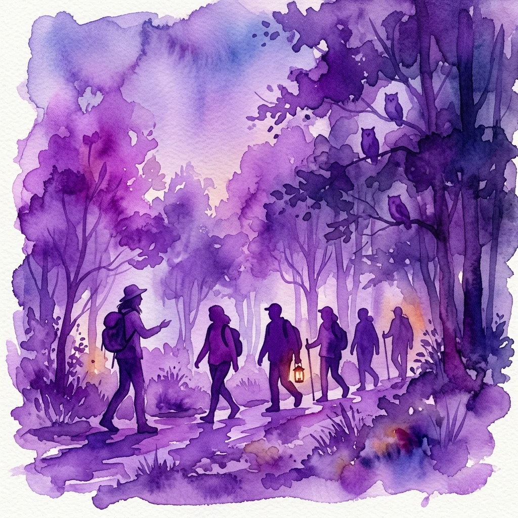 Una ilustración en acuarela de un grupo en un paseo natural al atardecer por un bosque, con siluetas de búhos posados en los árboles, guiados por un naturalista con una linterna.