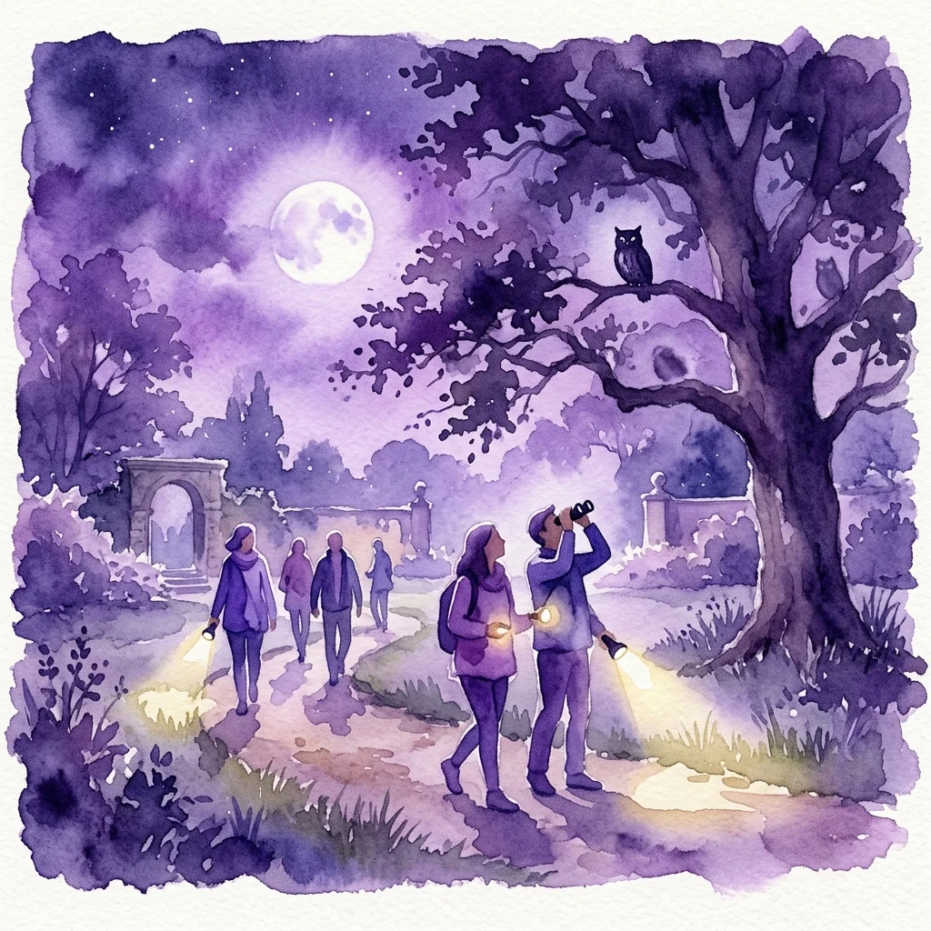 Ilustracja akwarelowa nocnego spaceru w blasku księżyca po Parku Łazienkowskim, z ludźmi używającymi latarek i lornetek do obserwacji sów siedzących na drzewach pod rozgwieżdżonym niebem.