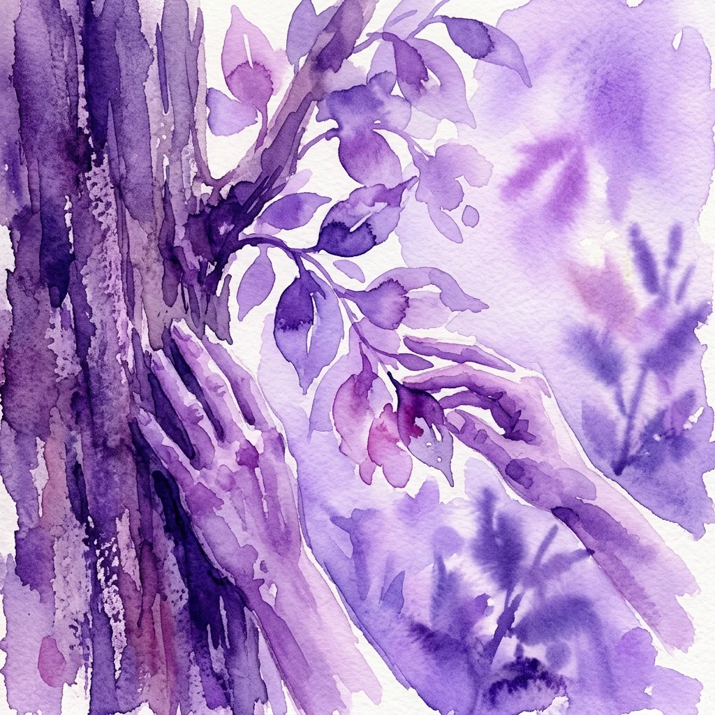 Een aquarelillustratie van een boomstam en takken met paarse bladeren, die een zintuiglijke ervaring van de natuur in de tuinen van het Koninklijk Paleis Łazienki oproept.