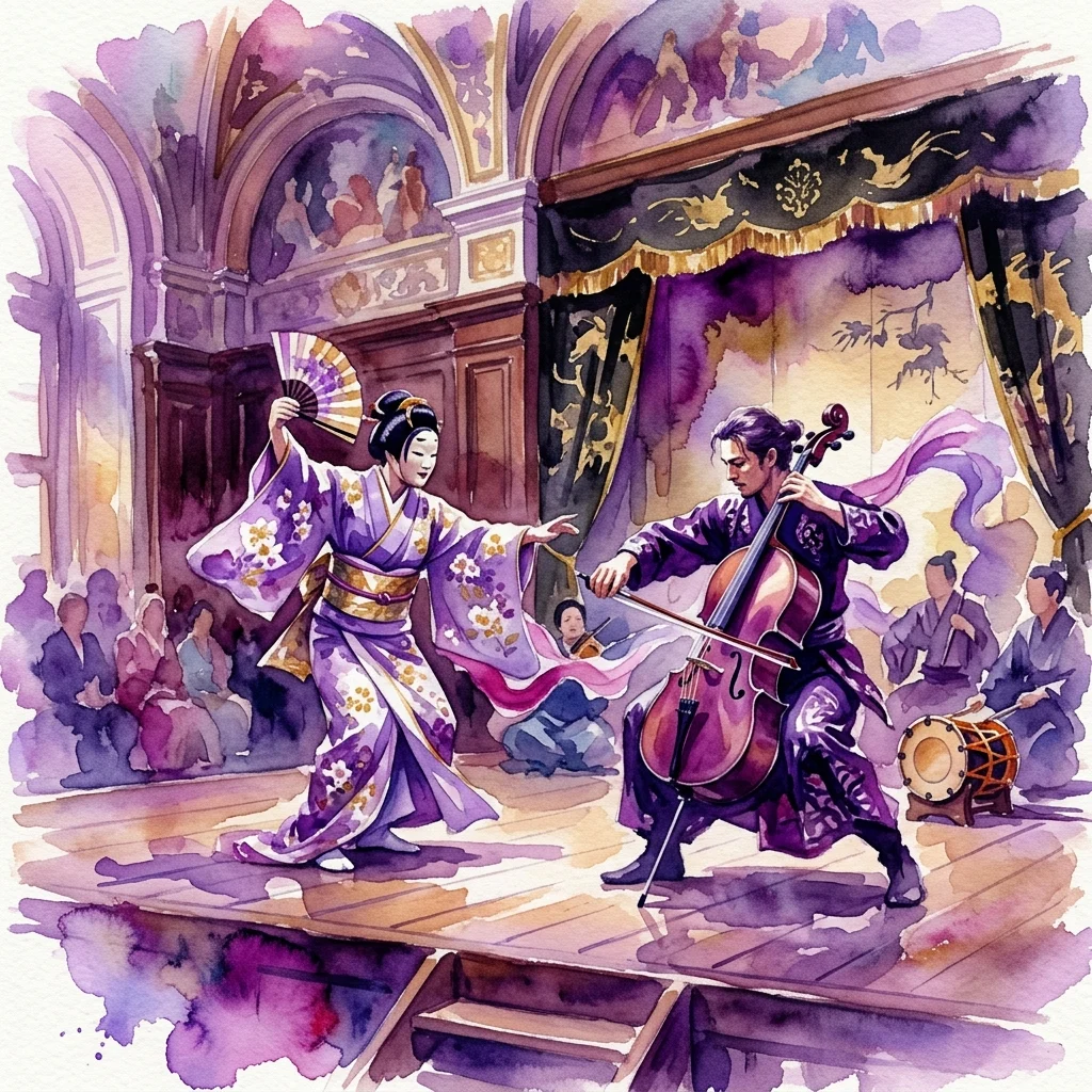 A watercolor illustration of a nō performance at the Royal Łazienki Museum, featuring a dancer in traditional Japanese kimono and a musician playing cello, with other performers and an audience in a historic palace setting.