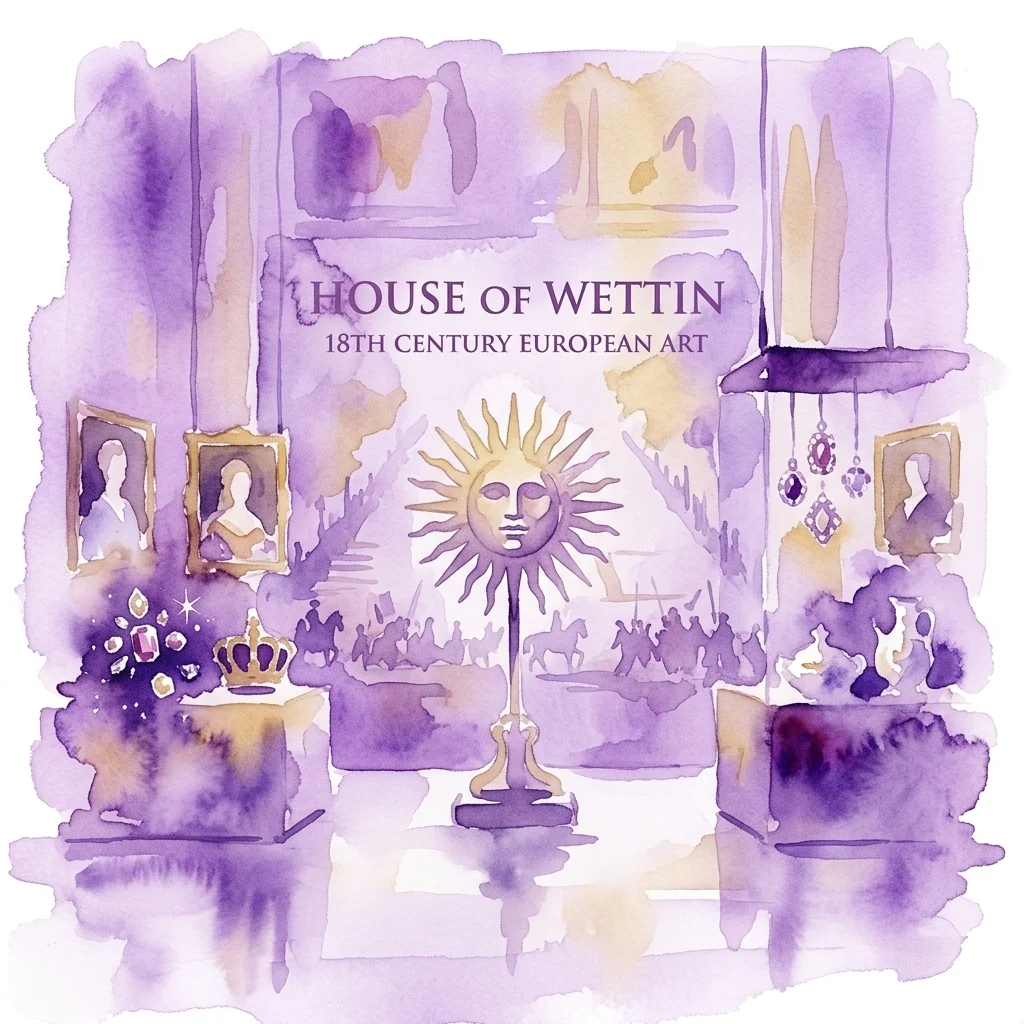 Ilustración en acuarela de una exposición de arte europeo del siglo XVIII de la Casa de Wettin, que incluye retratos, una corona, joyas y un motivo solar, ambientada en una gran galería de palacio.