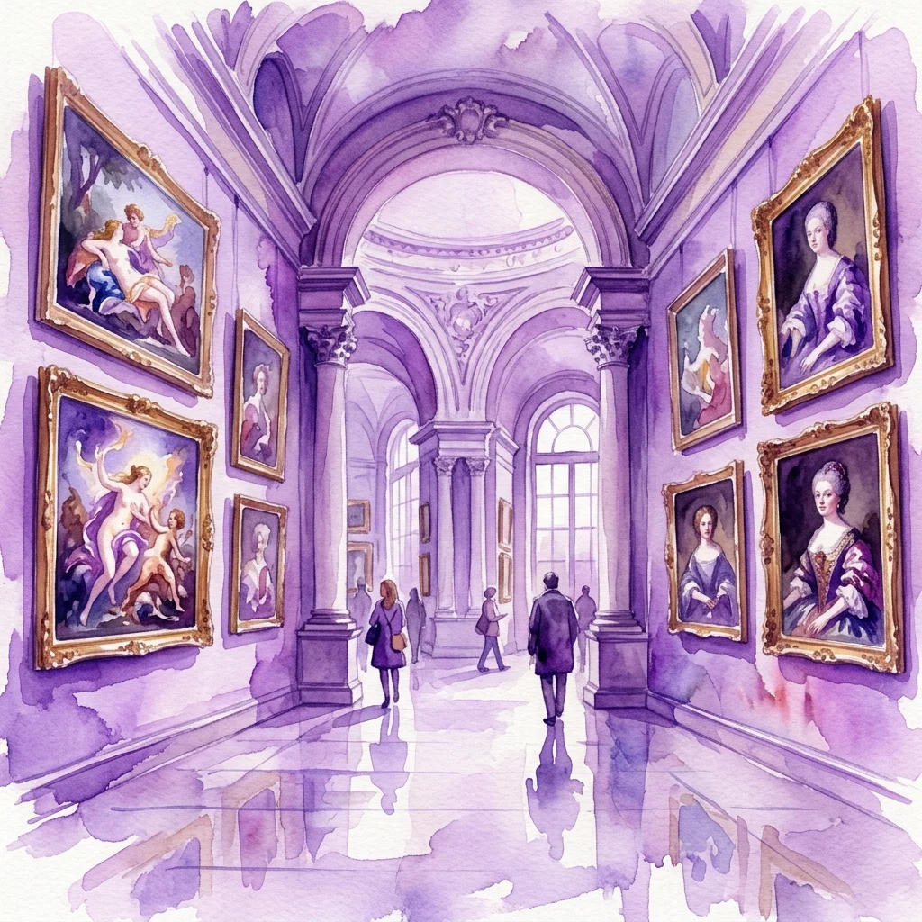 Ilustracja akwarelowa galerii muzealnej z obrazami barokowymi Rubensa, przedstawiająca tematy mitologiczne i portrety w ozdobnych złotych ramach, umieszczona w wielkiej sali z arkadowymi sklepieniami i zwiedzającymi podziwiającymi sztukę.