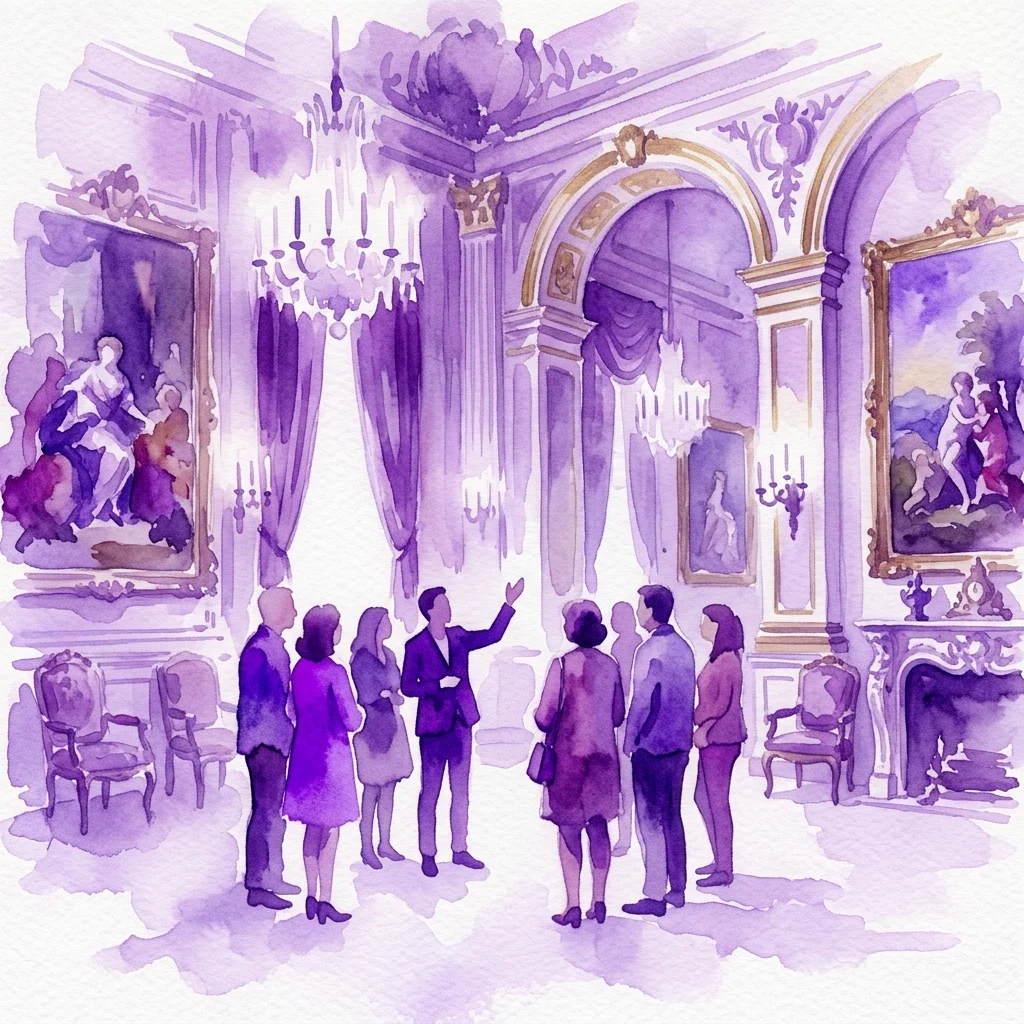 A watercolor illustration of a guided tour in a historic palace, with visitors listening to a guide amidst classical paintings, ornate chandeliers, and gilded decorations.