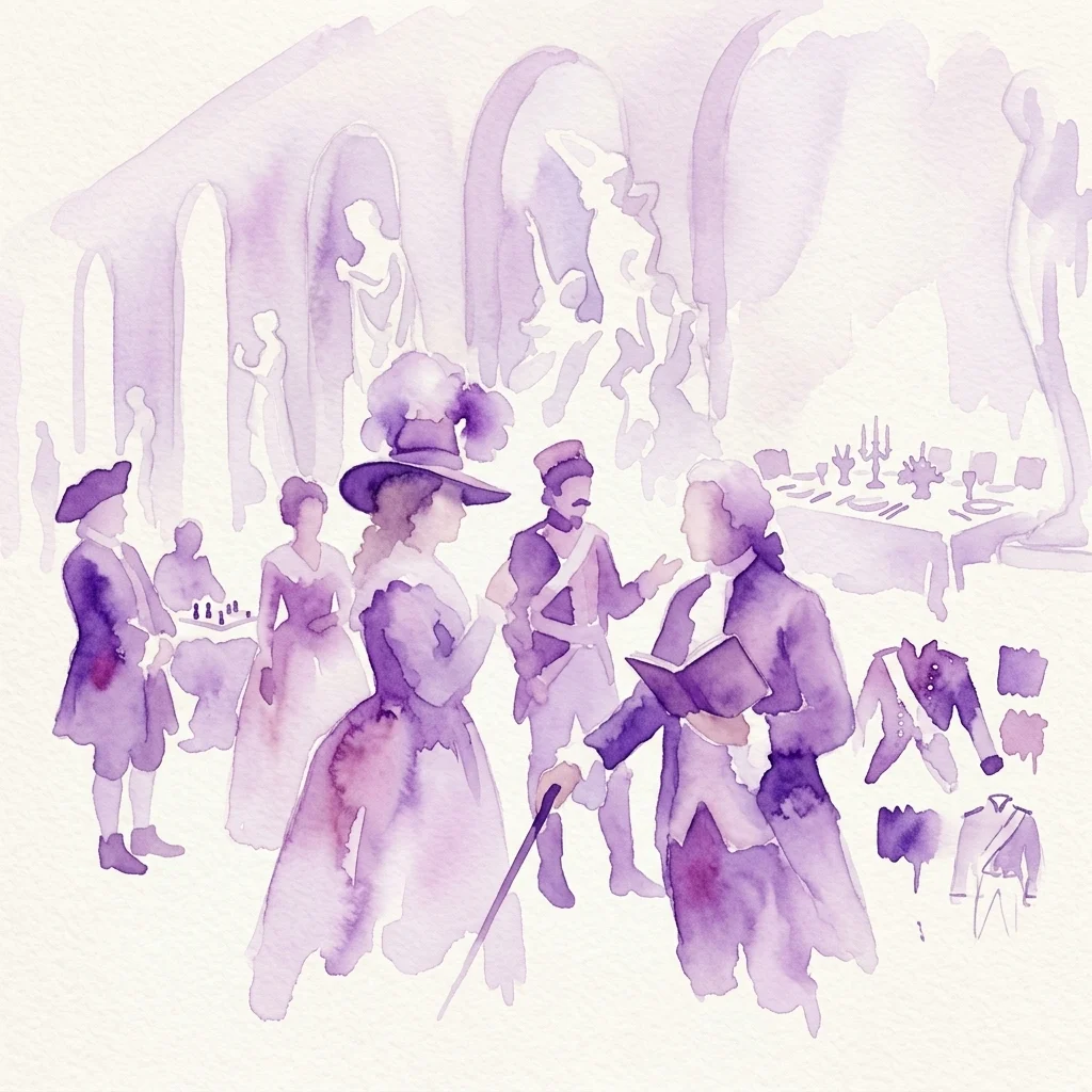 Ilustracja akwarelowa postaci z XVIII wieku w kostiumach historycznych, w tym mundurach wojskowych i strojach formalnych, prowadzących dyskusje, grających w gry i nakrywających do stołu w pałacu lub oranżerii.