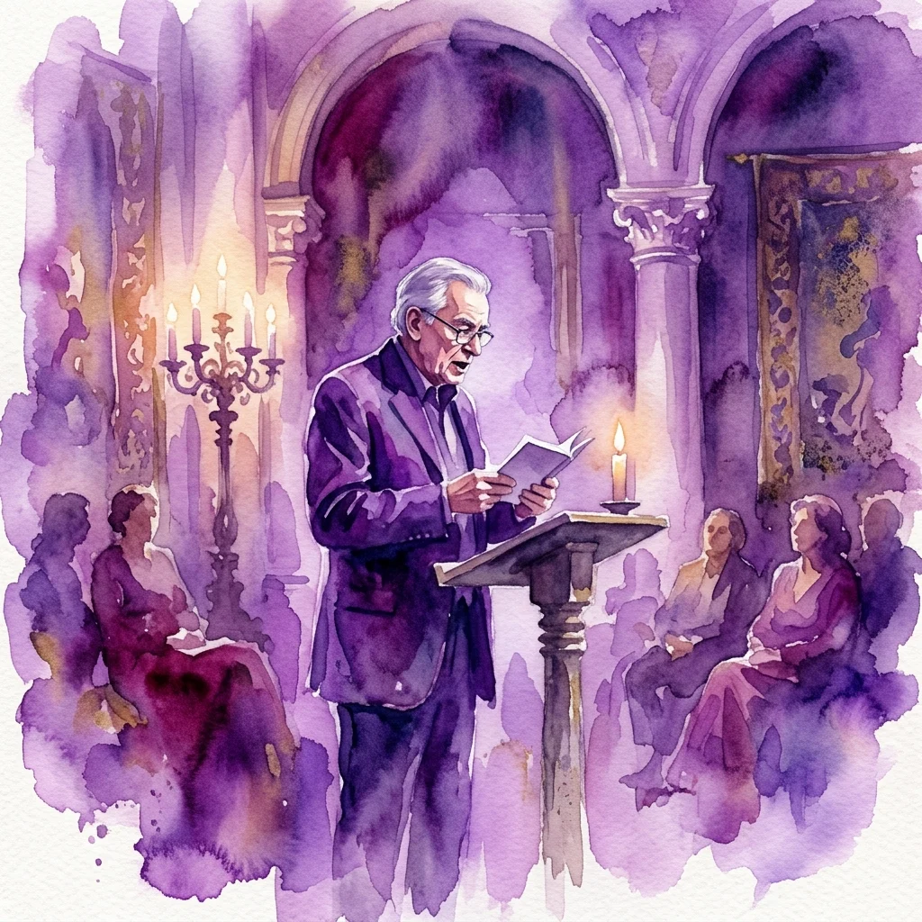 Ilustracja akwarelowa polskiego poety Eugeniusza Tkaczyszyna-Dyckiego czytającego książkę przy podium w Pałacu na Wyspie, z publicznością siedzącą w słabo oświetlonym, fioletowym pomieszczeniu.
