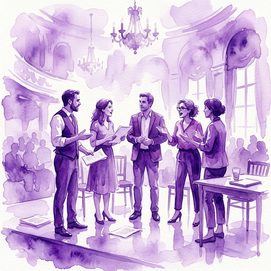 Una ilustración en acuarela de profesionales del teatro discutiendo en un escenario en un elegante salón de baile, representando una charla creativa sobre 'Noc listopadowa' de Stanisław Wyspiański en el Museo de los Baños Reales.