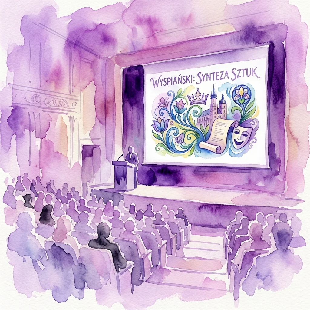 Waterverfillustratie van een collegezaal met een publiek dat een presentatie bijwoont over Stanisław Wyspiański's artistieke synthese, met theatrale maskers, een kroon en bloemmotieven op het scherm.