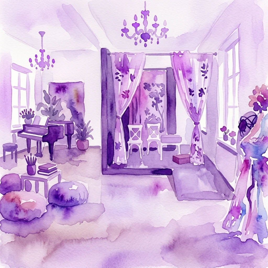 Ilustracja akwarelowa Starej Kordegardy, kreatywnej przestrzeni w fioletowych barwach, z pianinem, żyrandolami i przytulnymi miejscami do siedzenia na zajęcia dla dzieci i warsztaty.