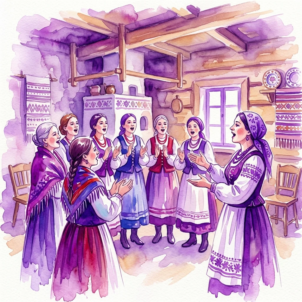 Een aquarelillustratie van vrouwen in traditionele Poolse volksklederdracht die samen zingen in een rustiek interieur, ter demonstratie van de witte zang vocale techniek uit de regio Klein-Polen.