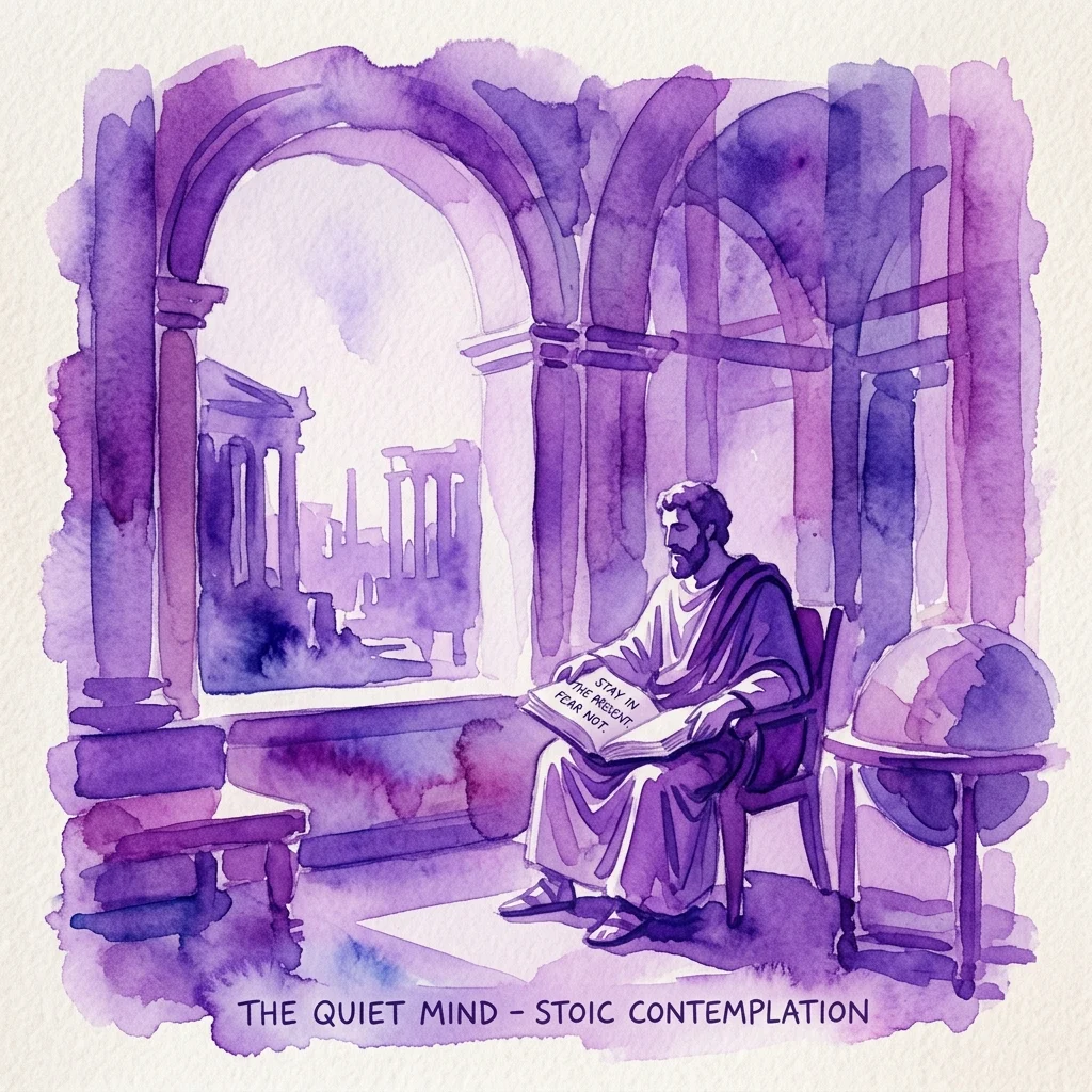 Een aquarelillustratie van een man in antieke gewaden die een boek leest met de titel 'Blijf in het Heden, Vrees Niet' in een klassieke setting met bogen en ruïnes, onder de tekst 'De Stille Geest - Stoïcijnse Contemplatie'.