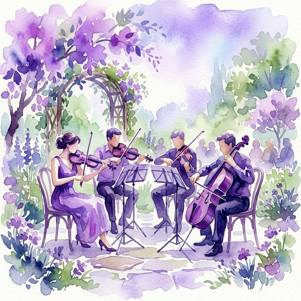 A watercolor illustration of the Atom String Quartet performing in a serene garden setting with purple flowers and an arbor, representing the Strefa Ciszy festival at Royal Łazienki Museum.