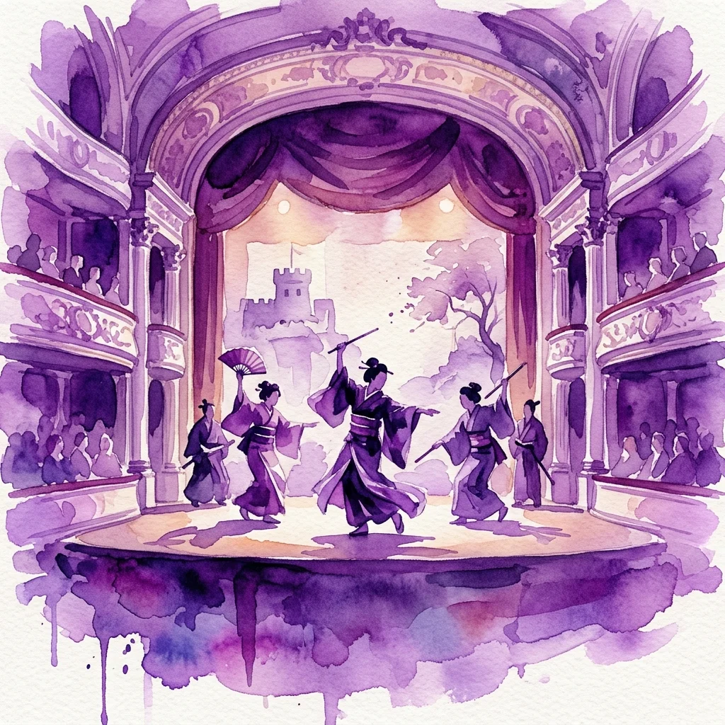 Ilustración en acuarela de una actuación tradicional japonesa en un escenario de un teatro real europeo, con actores en kimonos con abanicos y espadas, sobre un telón de fondo de un castillo y un árbol.