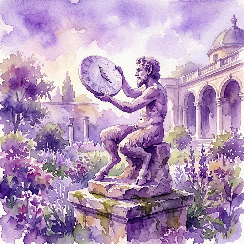 Ilustracja akwarelowa przedstawiająca rzeźbę fauna trzymającego zegar słoneczny w bujnym ogrodzie z klasyczną architekturą w tle.