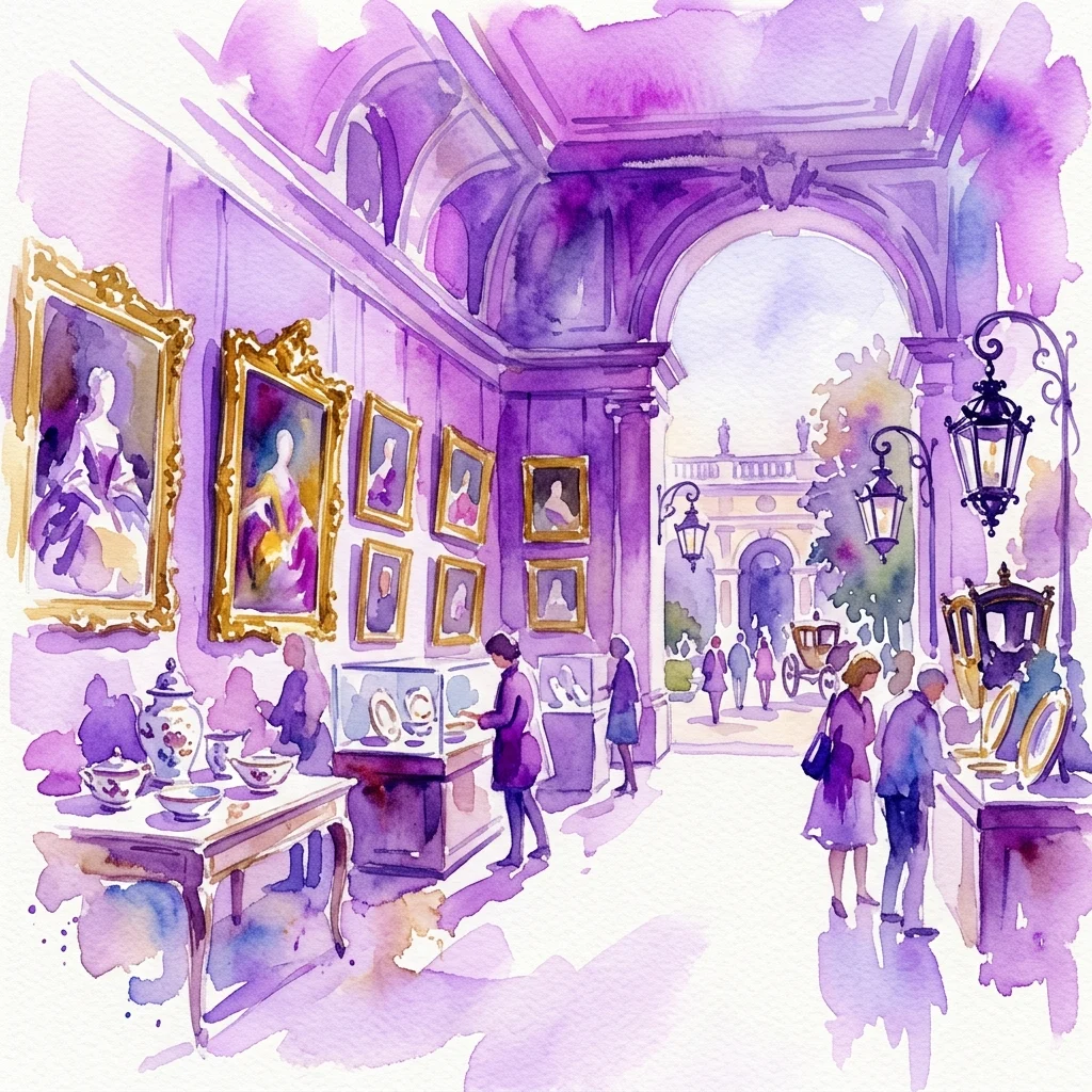 Waterverfillustratie van de tentoonstelling 'World of Things' in het Koninklijk Łazienki Museum, met schilderijen, porselein en koetslantaarns in elegante paleisinterieurs en buitenruimtes.
