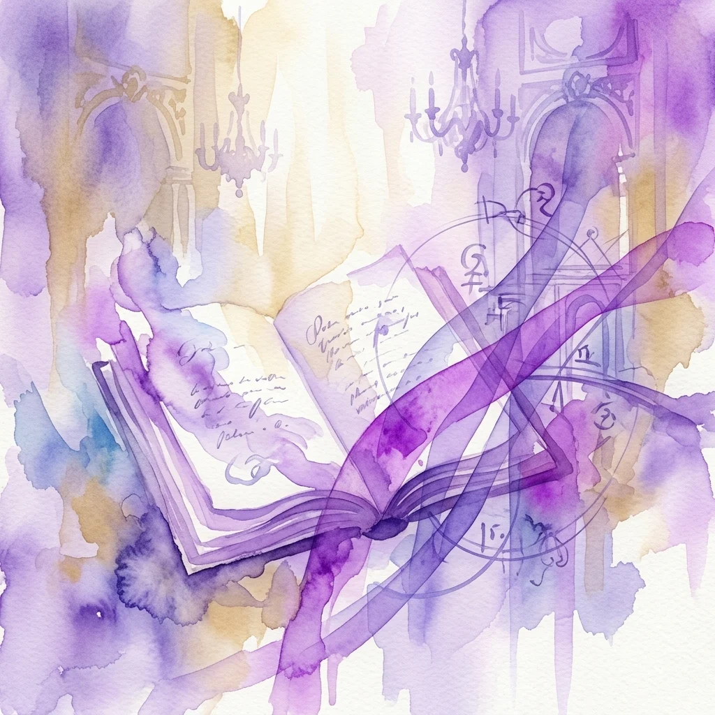 Ilustración en acuarela de un libro abierto con texto manuscrito, iluminado por luz púrpura y dorada, sobre un fondo de candelabros y arquitectura palaciega ornamentada, que representa el evento 'Luz de la Literatura' con Mykoła Riabczuk en el Palacio sobre el Agua.