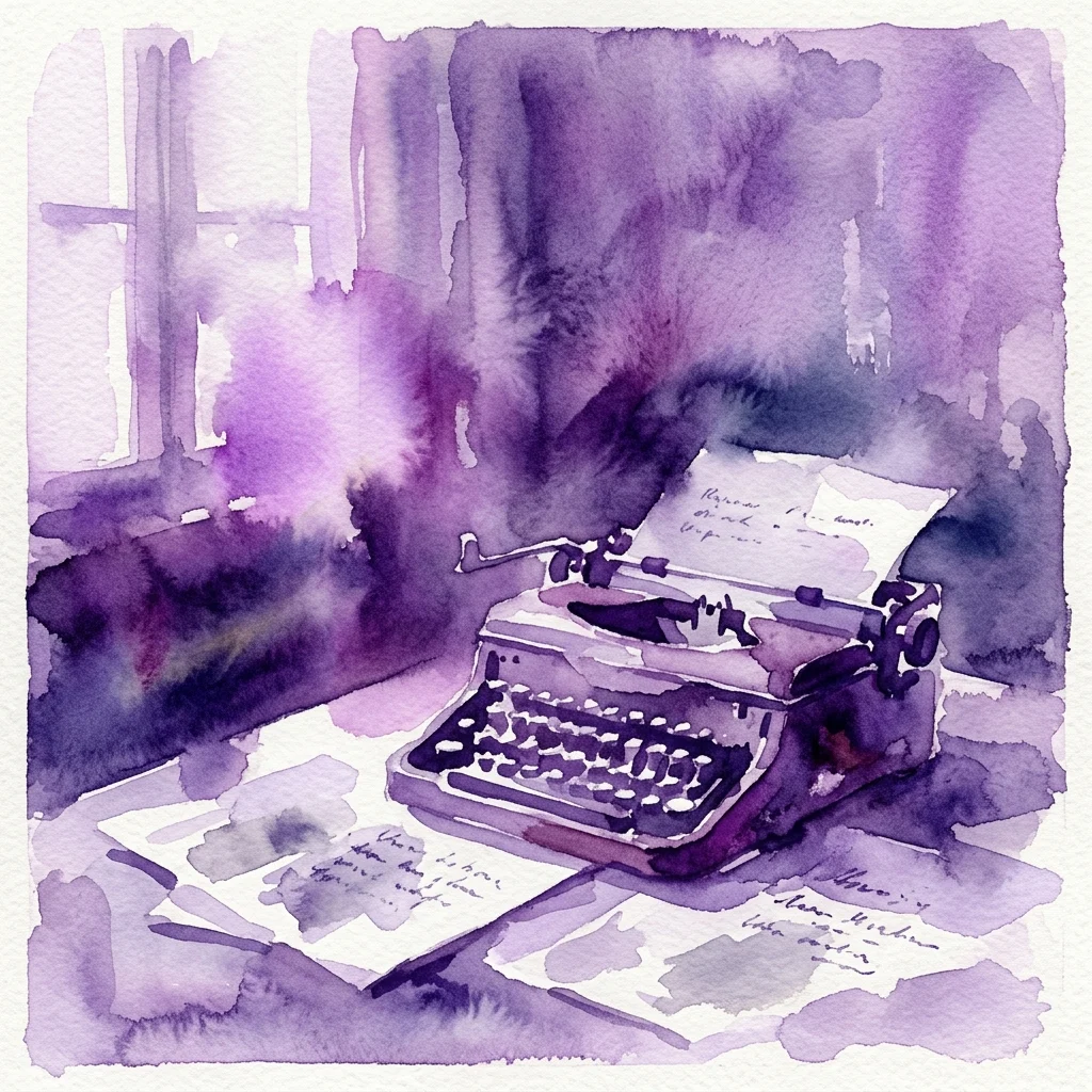 Ilustracja akwarelowa zabytkowej maszyny do pisania z rozsypanymi papierami, wykonana w odcieniach fioletu i lawendy, przywołująca kontemplacyjną, literacką atmosferę inspirowaną Ryszardem Kapuścińskim.