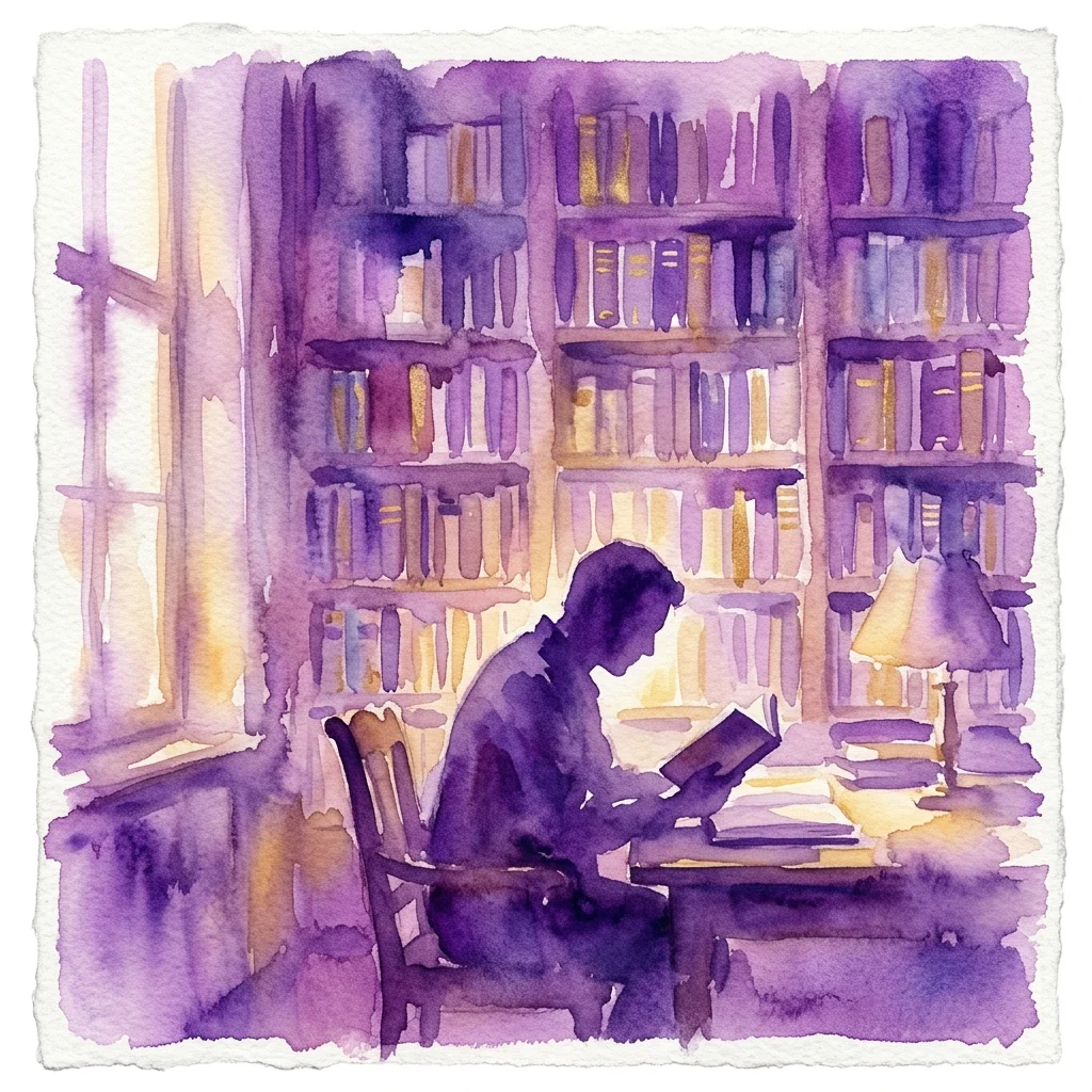 Watercolor illustration of a person reading in a library with bookshelves and warm lighting, evoking a literary atmosphere.