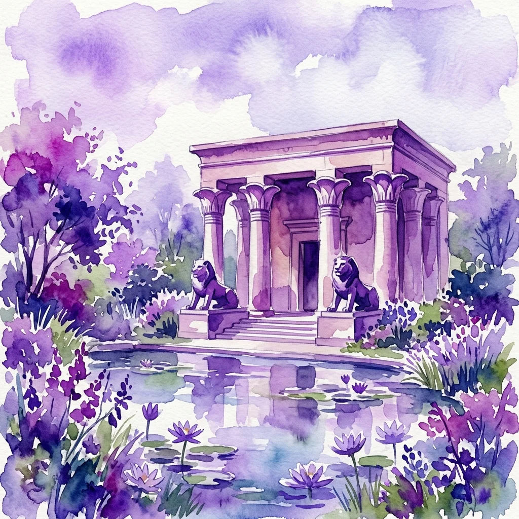 A watercolor illustration of the Egyptian Temple in Royal Łazienki Park, featuring lotus columns, lion statues, and a pond with water lilies, reflecting its classical Egyptian-inspired architecture.