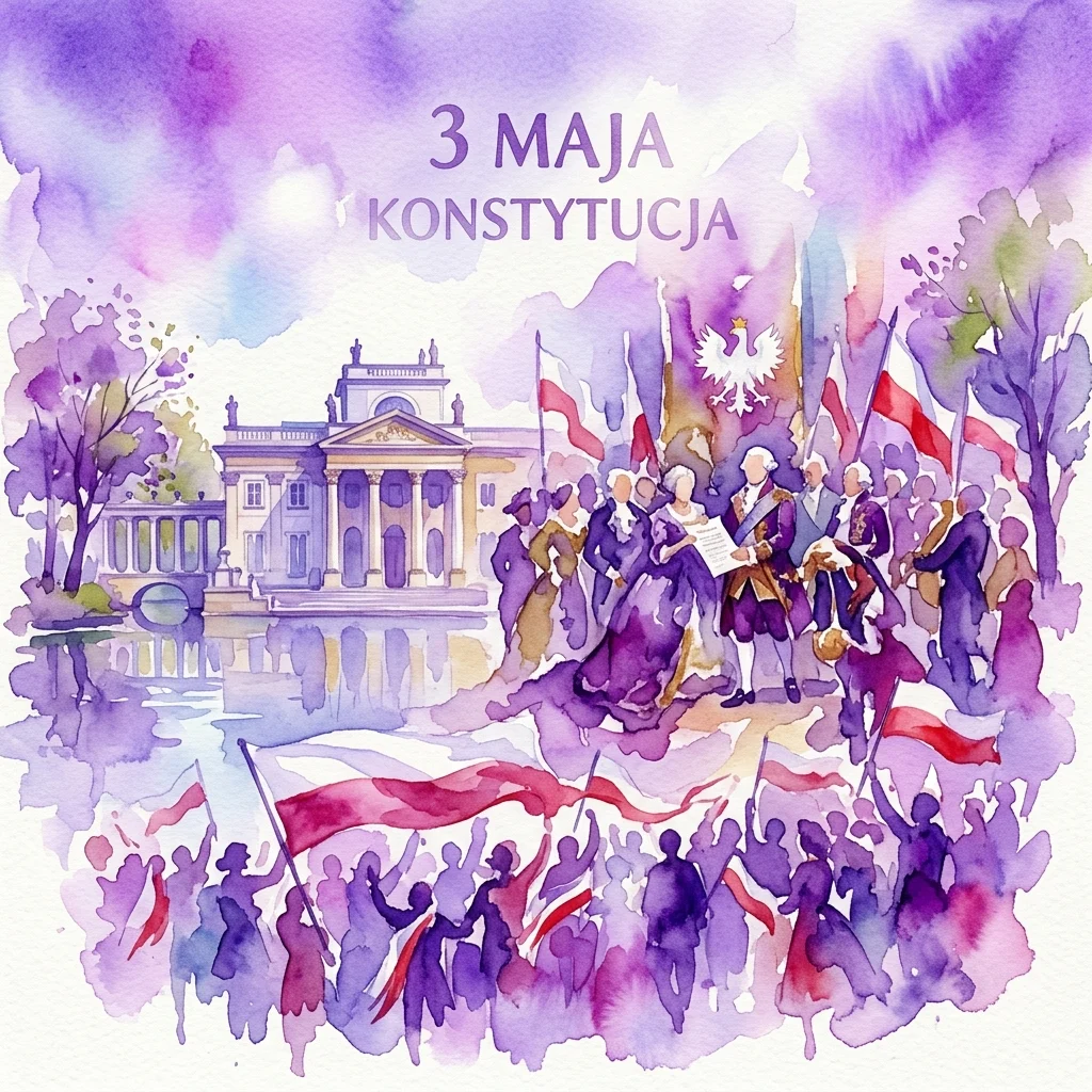 Ilustración en acuarela de una multitud celebrando el Día de la Constitución el 3 de mayo, con banderas polacas y una escena histórica de figuras con atuendos del siglo XVIII, ambientada contra el edificio del Museo Real Łazienki.