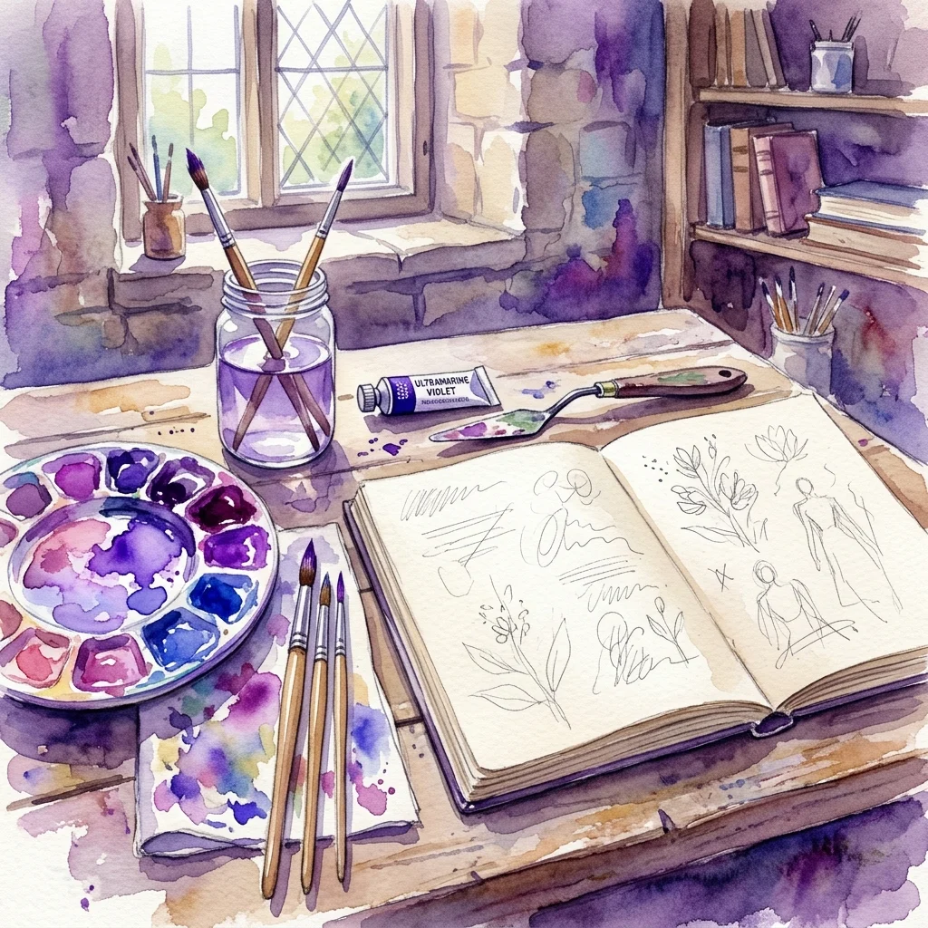 A watercolor illustration of an artist's workspace with a sketchbook, paint palette, brushes, and a tube of Ultramarine Violet watercolor, evoking a creative study session inspired by the Royal Łazienki Museum's art collection.
