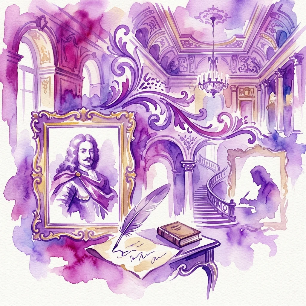 Ilustracja akwarelowa wnętrza barokowego pałacu przedstawiająca portret Stanisława Herakliusza Lubomirskiego, pióro i książkę, reprezentująca wystawę 'Sztuka dobrego myślenia' w Muzeum Łazienki Królewskie.
