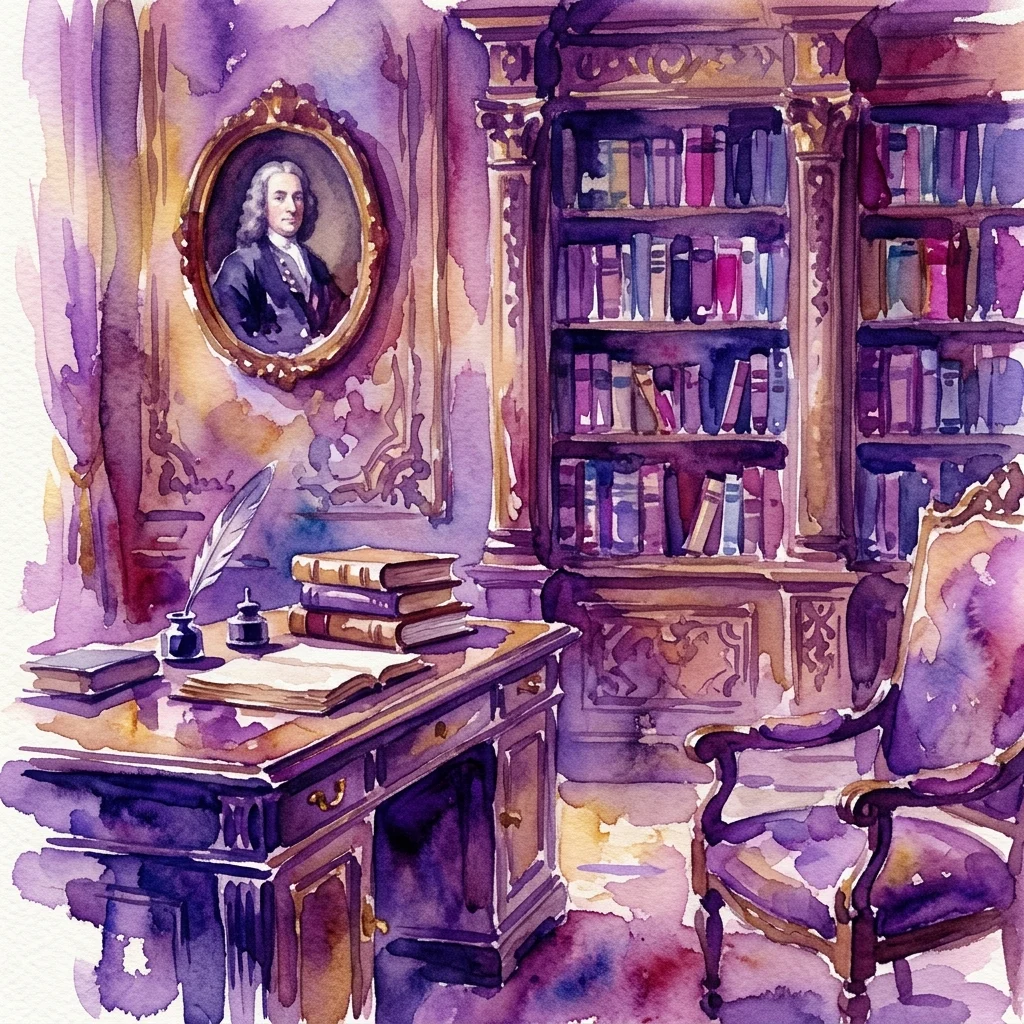 Una ilustración en acuarela de un estudio barroco con un retrato de Stanisław Herakliusz Lubomirski, un escritorio antiguo con pluma y libros, y estanterías ornamentadas, que reflejan el legado intelectual del noble polaco.