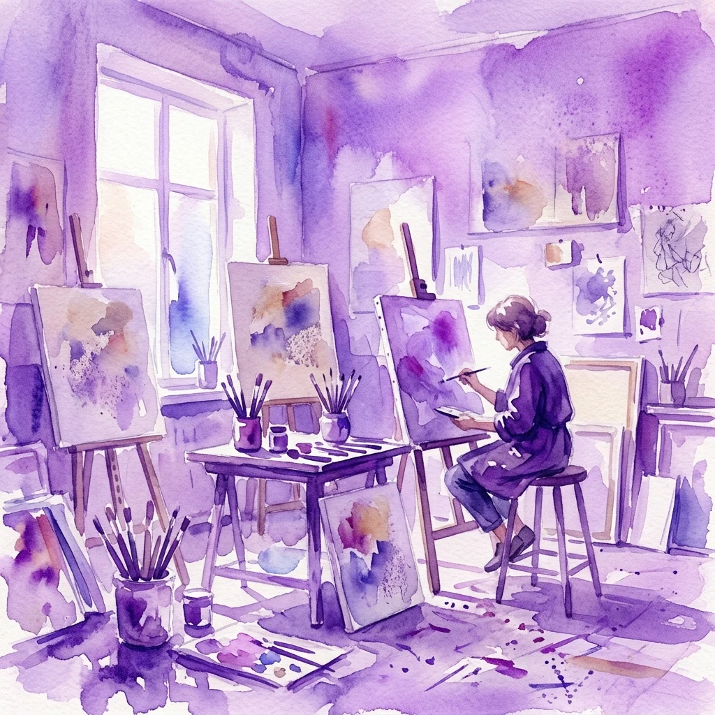 Een aquarelillustratie van een kunstenaar die schildert in een studio met meerdere doeken, ezel en kunstbenodigdheden, badend in zacht paars licht.