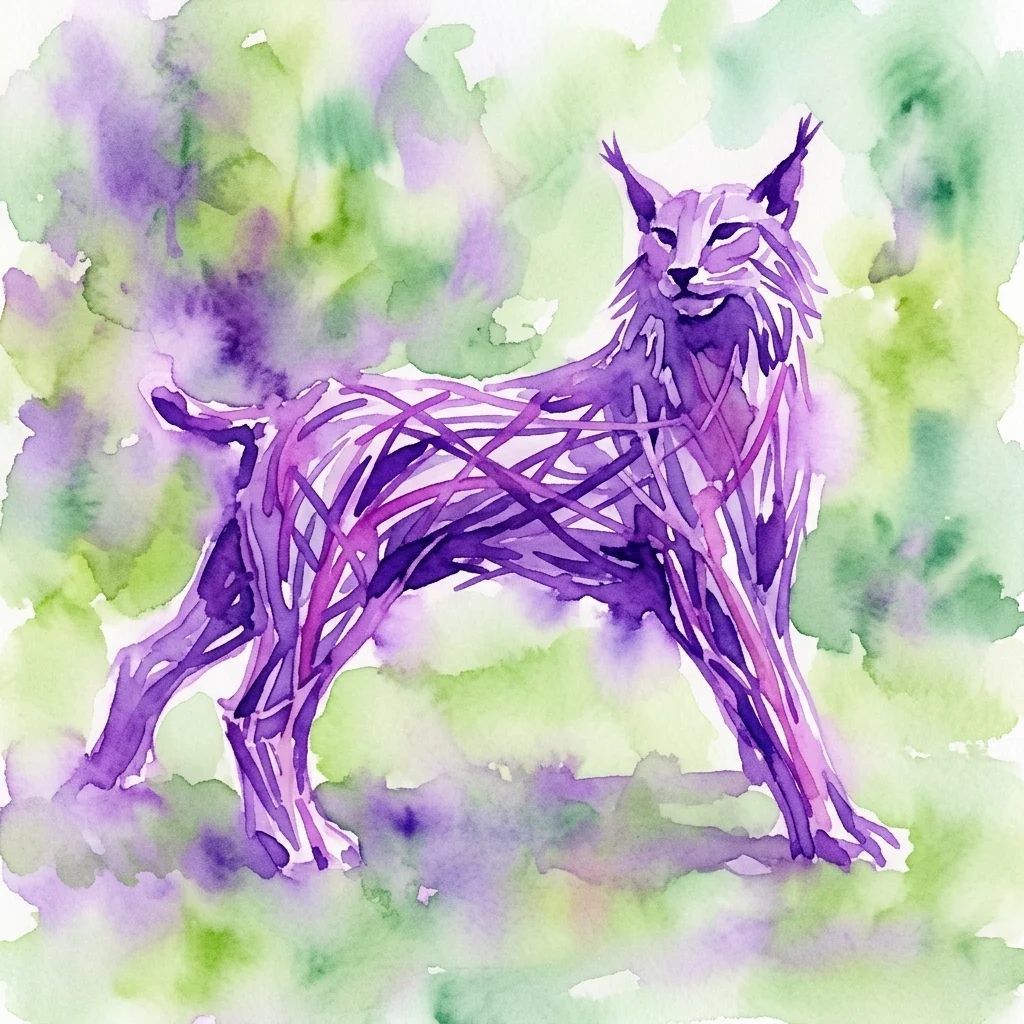 Ilustración en acuarela de una escultura de lince hecha de ramas entrelazadas, sobre un fondo abstracto verde y púrpura, que representa la exposición Sztuka Ochrony Przyrody.