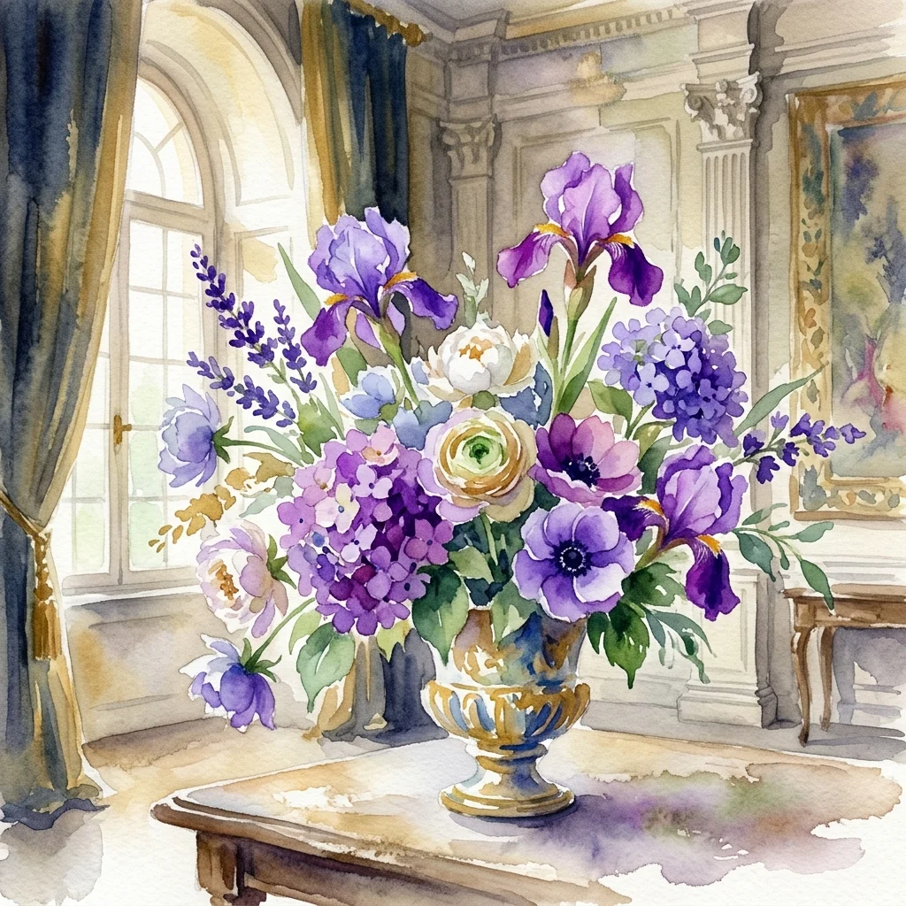 Una acuarela de un vibrante arreglo floral con lirios morados, hortensias y rosas en un jarrón ornamentado, ambientada en una habitación histórica con arquitectura clásica y luz natural suave.