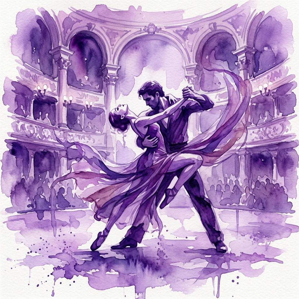 A watercolor illustration of a dance performance in the Royal Theatre, featuring a male and female dancer in a dramatic pose, set against the ornate baroque architecture of the historic venue.